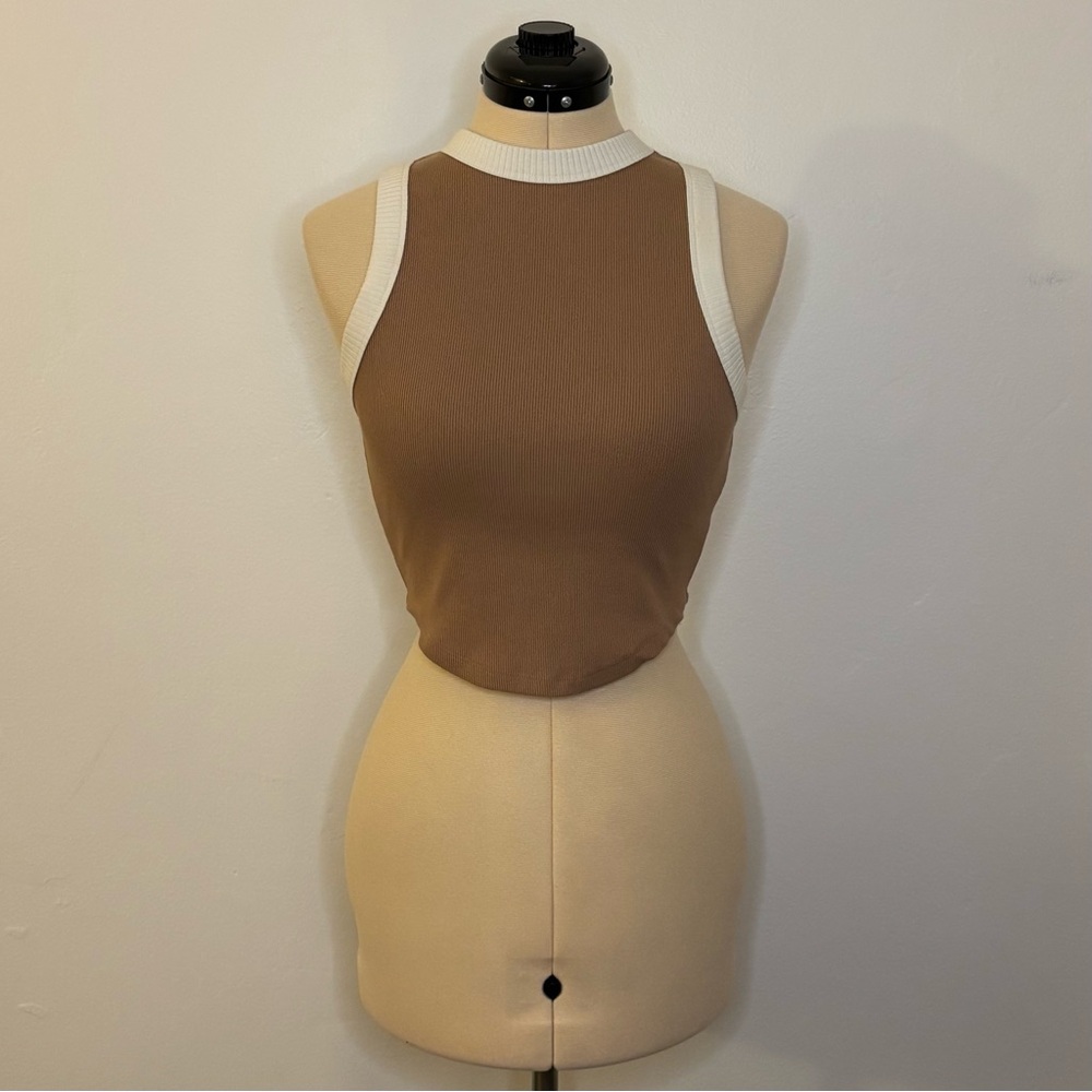 Wild Fable Target Neutral Ribbed Crop Tank Top w/ Contrast Trim, Brown & Cream S